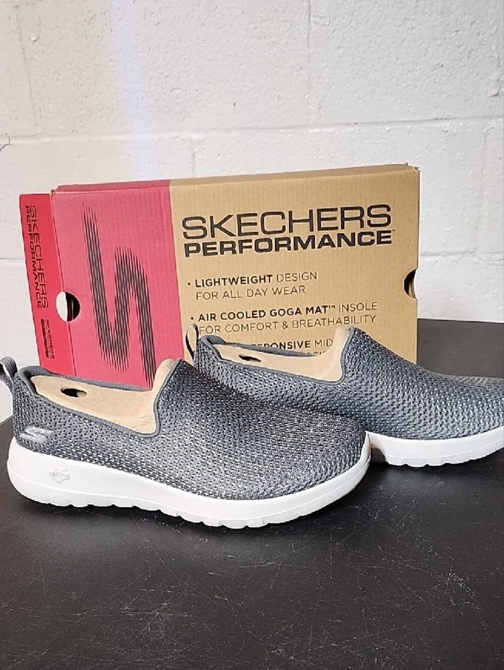 Skechers Men's Slip-On Knit Loafers in Dark Gray and White